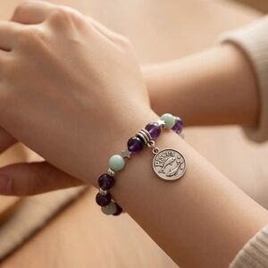 Pisces Charm Bracelet - Amethyst & Burmese Jade Zodiac Bracelet. Size 6.5"